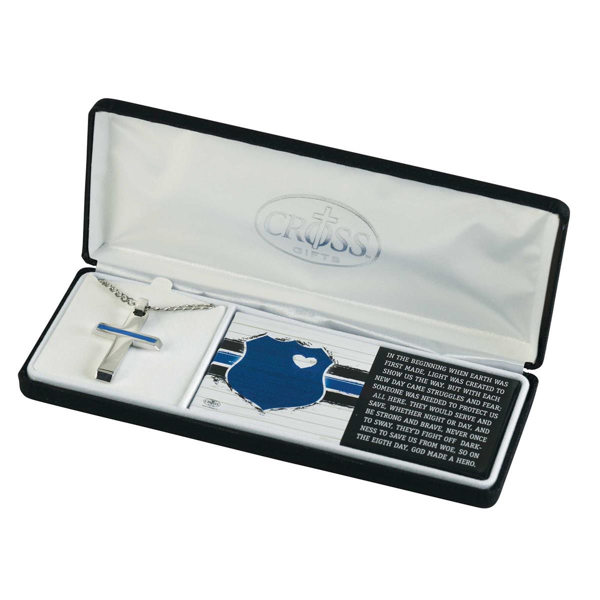 Police Thin Blue Line Cross 24 inch Stainless Steel Women's Necklace in Jewelry