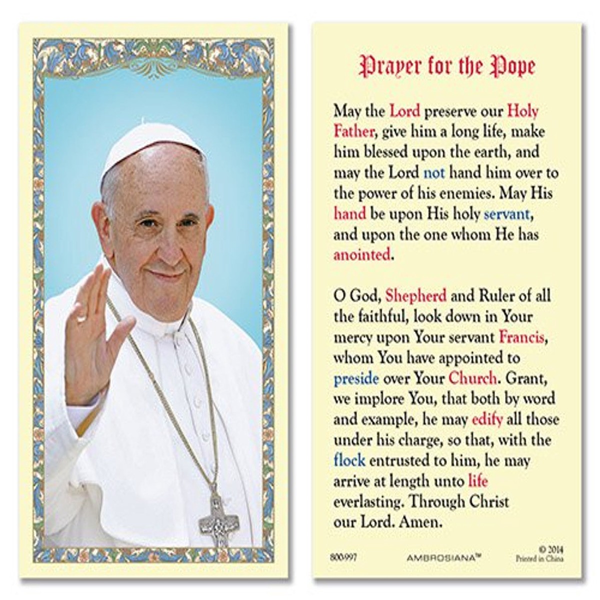 Pope Francis Laminated Holy Card | Prayer for the Pope Pack of 25