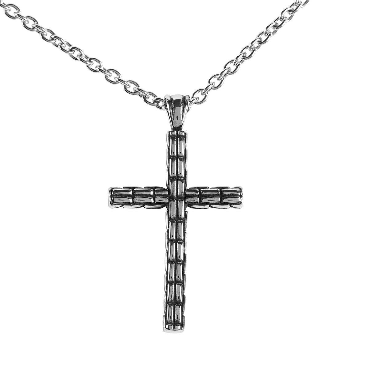 Antiqued Box Cross, Silver Tone, 24 Inch, Stainless Steel